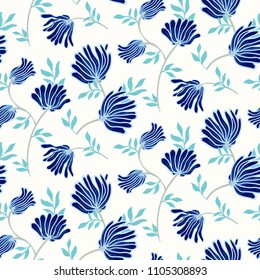Vector seamless pattern with vintage flowers. Elegant modern summer background. Grunge print with blue flowers for home decor and summer fall fashion. Botanical retro texture with leaves and foliage