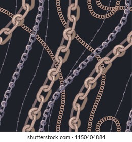 Vector Seamless Pattern. Vintage gold and silver chains on a dark background.