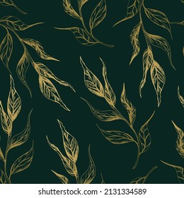 Patrón vectorial sin fisuras con hojas de oro vintage sobre fondo verde oscuro. Ilustración de lujo a mano con lápiz o lápiz. Obra gráfica. Esbozo rápido con eclosión aproximada. Tejidos. 
