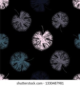 Vector seamless pattern of vintage grunge tropical leaves of palm trees on the black background. Tropical illustration. Jungle foliage. Cool floral wallpaper