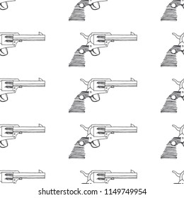 Vector seamless pattern with vintage gun. Hand drawn texture with revolver isolated on white. Old weapon in sketch style. Wild West symbol.