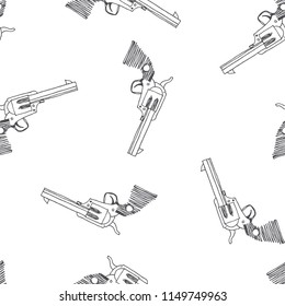 Vector seamless pattern with vintage gun. Hand drawn texture with revolver isolated on white. Old weapon in sketch style. Wild West symbol.