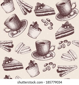 Vector seamless pattern with vintage hand drawn coffee and dessert illustrations