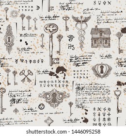 Vector seamless pattern with vintage hand-drawn keys, keyholes and old houses in retro style. Abstract background with sketches, notes, spots and blots. Wallpaper, wrapping paper, textile