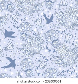 vector  seamless pattern with vintage hearts ,skulls and diamonds