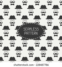 Vector seamless  pattern with vintage hipster gentleman mustache, hat, glasses. For wallpaper, pattern fills, web page background, blog. Stylish texture.