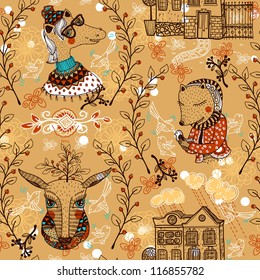 vector seamless pattern with vintage houses and funny animals