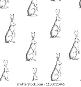 Vector seamless pattern with vintage illustration of standing hare isolated on white background. Hand drawn texture with cute rabbit in engraving style.