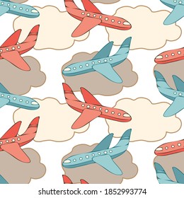 Vector seamless pattern vintage illustration design of colorful bright airplanes on cloudy sky in pastel colors. Perfect for textiles, advertisements, backgrounds, wrapping paper, stationary.