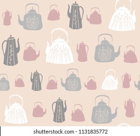 Vector seamless pattern with vintage kettles and teapots. Tea time background for fabric, kitchen wallpapers, gift wrapping paper, scrapbooking. 