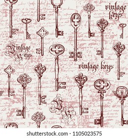 Vector seamless pattern with vintage keys and lettering on the background of old manuscript in retro style. Hand drawn illustration. Gothic font. Wallpaper, wrapping paper or background for clothes