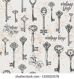 Vector seamless pattern with vintage keys in retro style with spots, blots and lettering. Gothic font. Hand drawn illustration. Wallpaper, wrapping paper or background for clothes