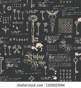 Vector seamless pattern with vintage keys and lettering. Hand drawn illustration. Wallpaper, wrapping paper or background for clothes. Medieval manuscript with sketches, blots and spots in retro style