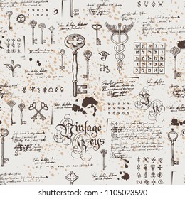 Vector seamless pattern with vintage keys and lettering. Hand drawn illustration. Wallpaper, wrapping paper or background for clothes. Medieval manuscript with sketches, blots and spots in retro style