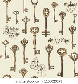 Vector seamless pattern with vintage keys and lettering in retro style. Gothic font. Hand drawn illustration. Wallpaper, wrapping paper or background for clothes