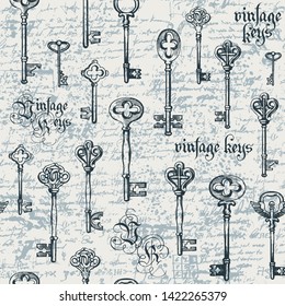 Vector seamless pattern with vintage keys and lettering on old manuscript background in retro style. Hand drawn illustration. Gothic font. Wallpaper, wrapping paper or fabric