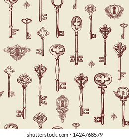 Vector seamless pattern with vintage keys and keyholes in retro style. Hand drawn illustration. Wallpaper, wrapping paper or fabric