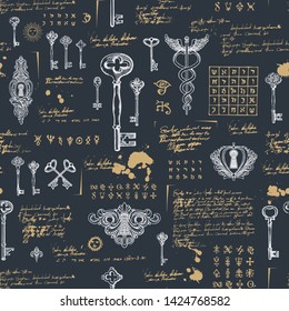 Vector seamless pattern with vintage keys and keyholes. Medieval manuscript with sketches, blots and spots in retro style. Hand drawn illustration. Wallpaper, wrapping paper or fabric