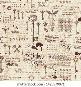 Vector seamless pattern with vintage keys and lettering. Medieval manuscript with sketches, blots and spots in retro style. Hand drawn illustration. Wallpaper, wrapping paper or fabric