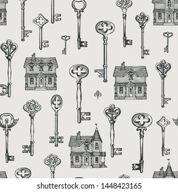 Vector seamless pattern with vintage keys and old houses in retro style. Abstract background with black and white hand drawn illustrations. Wallpaper, wrapping paper, fabric, coloring book