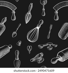 Vector patrón sin fisuras de utensilios de cocina vintage en un boceto, línea, grabado, estilo de pizarra