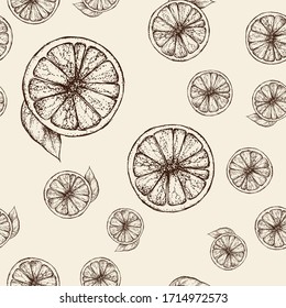 Vector de patrón sin fisuras con lonchas de limón vintage y hojas en un fondo beige. Imágenes para el diseño de jugo de embalaje, textiles, fondos. Cortar cítricos. Imitación de dibujo a mano libre