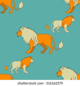 Vector seamless pattern with vintage lions on turquoise background