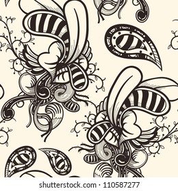 vector seamless pattern with vintage lips and plants