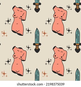 Vector seamless pattern with vintage marble statues with broken elements. Greek body statue, daggers and stars. Hand drawn mythical trendy vector.