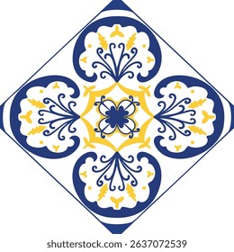 Vector Seamless Pattern Vintage Mediterranean Tiles in Indigo Blue and Sunny Yellow