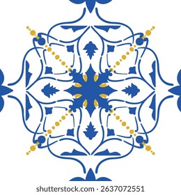 Vector Seamless Pattern Vintage Mediterranean Tiles in Indigo Blue and Sunny Yellow