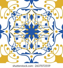 Vector Seamless Pattern Vintage Mediterranean Tiles in Indigo Blue and Sunny Yellow