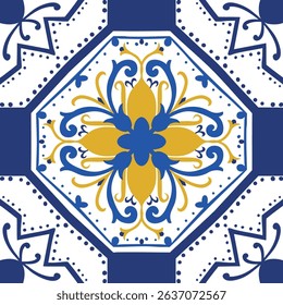 Vector Seamless Pattern Vintage Mediterranean Tiles in Indigo Blue and Sunny Yellow