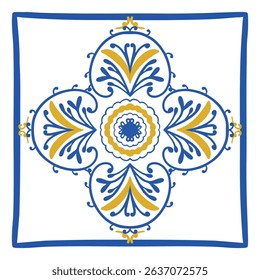 Vector Seamless Pattern Vintage Mediterranean Tiles in Indigo Blue and Sunny Yellow