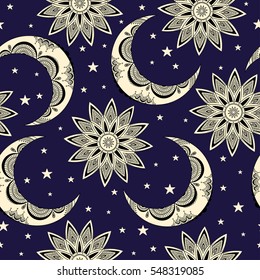 Vector seamless pattern with vintage moon, sun and stars. Boho chic print with small geometric details and elements. Abstract magic night fashion background. Textile design template 