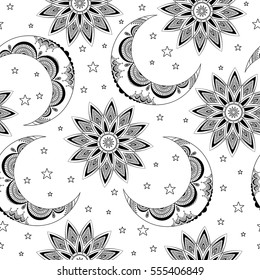 Vector seamless pattern with vintage moon, sun and stars. Boho chic print with small geometric details and elements. Abstract background for coloring book. 
