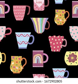 Vector seamless pattern of vintage mugs. Hand-drawn with a naive Scandinavian style. Pastel colors, pink, blue, gray. For design of surfaces, prints, wrapping paper, fabric