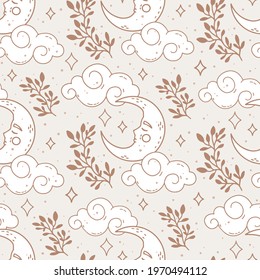 Vector seamless pattern. Vintage outline drawing, engraving. Moon, stars, clouds, plants, dots. Hand-drawn elements in boho style. Tarot cards, dreams. Abstract background, print design for fabric.