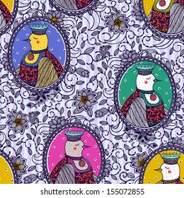 vector seamless pattern with vintage portraits of funny birds