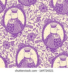 vector seamless pattern with vintage portraits of royal birds