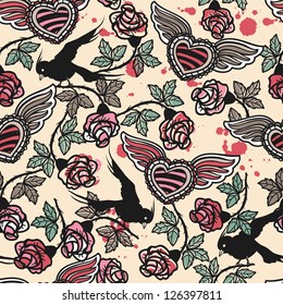 vector seamless pattern with vintage roses and hearts
