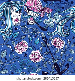vector seamless pattern with vintage roses, anchors and piratical skulls