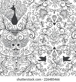vector seamless pattern with vintage skulls and roses