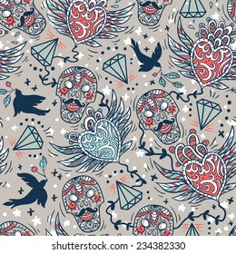 vector seamless pattern with vintage skulls, hearts and flying birds