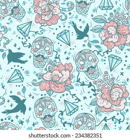 vector seamless pattern with vintage skulls, roses and flying birds