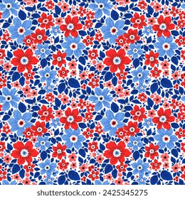 Vector seamless pattern. Vintage pattern in small flowers. Small red and blue flowers. White background. Ditsy floral background. Hand drawn flowers. Abstract contemporary modern trendy pattern.