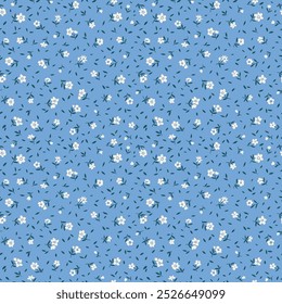 Vector seamless pattern. Vintage pattern in small flowers. Small white flowers. Blue background. Ditsy floral background. Hand drawn flowers. Abstract contemporary modern trendy pattern.