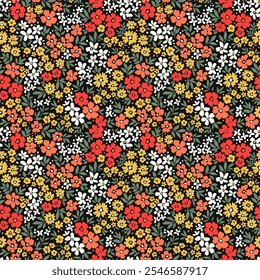 Patrón sin fisuras de Vector. Patrón de Antiguas en Pequeñas flores. Pequeñas flores blancas, rojas y naranjas. Fondo negro. Fondo floral de la libertad. Plantilla de moda para estampados de moda. Vector de acciones.