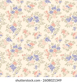 Vector seamless pattern. Vintage pattern in small flowers. Small pastel colors flowers. White background. Ditsy floral background. Delicate Easter template for fashion textile prints. Stock vector.