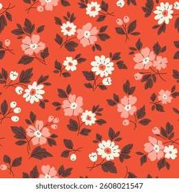 Vector seamless pattern. Vintage pattern in small flowers. Small white and pink flowers. Terracotta red background. Liberty floral background. Trendy template for fashion prints. Stock vector.